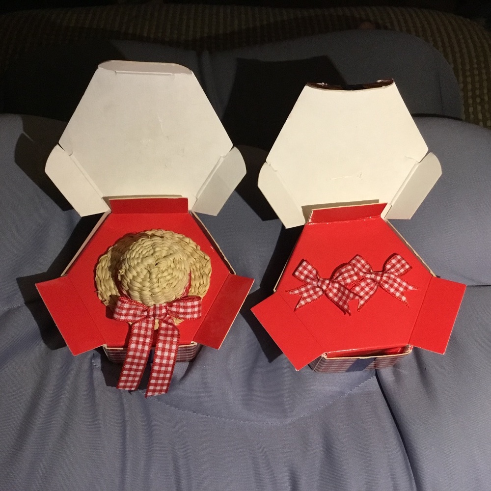 Avon Country Days Straw Hat Pin & Red Checked Bow Earrings~Vintage New in Box